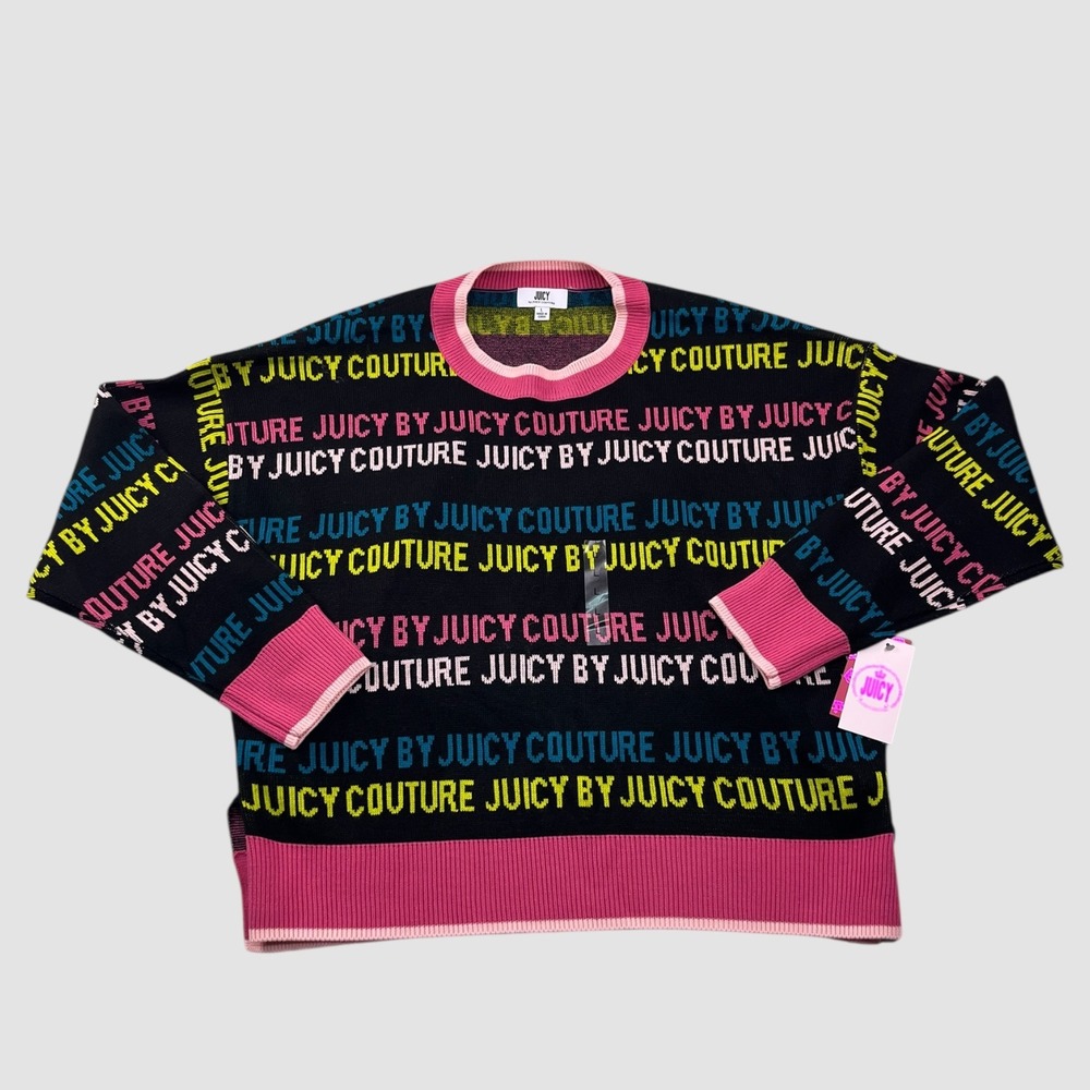 Juicy Couture Black Knit Sweater Logo Print Long Sleeve Ribbed Pink Trim‎ Size L